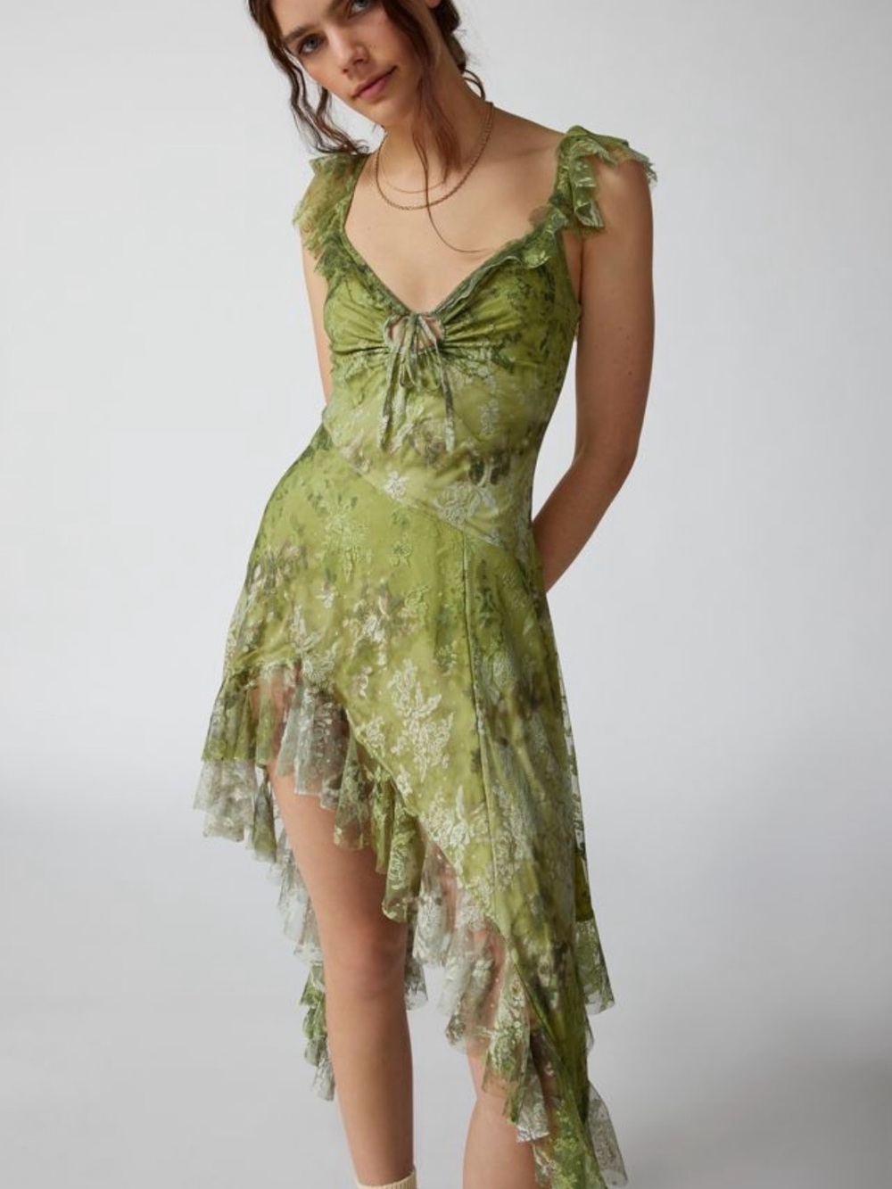 Urban Outfitters Olive Green Hyacinth Asymmetrical Ruffle Dress